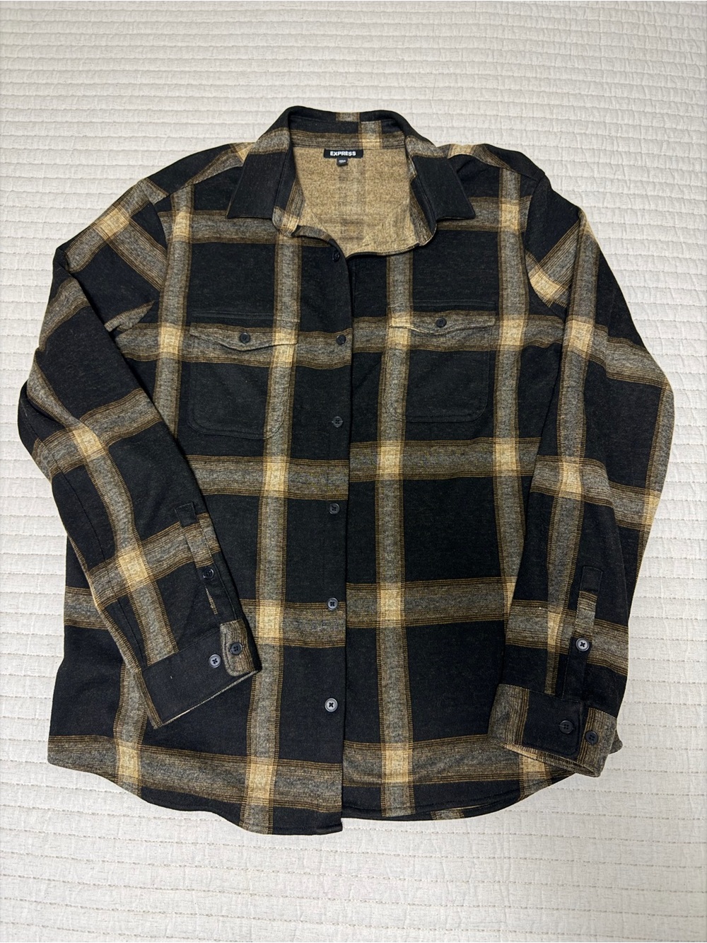 Express Black and Tan Plaid Button-Down Shirt